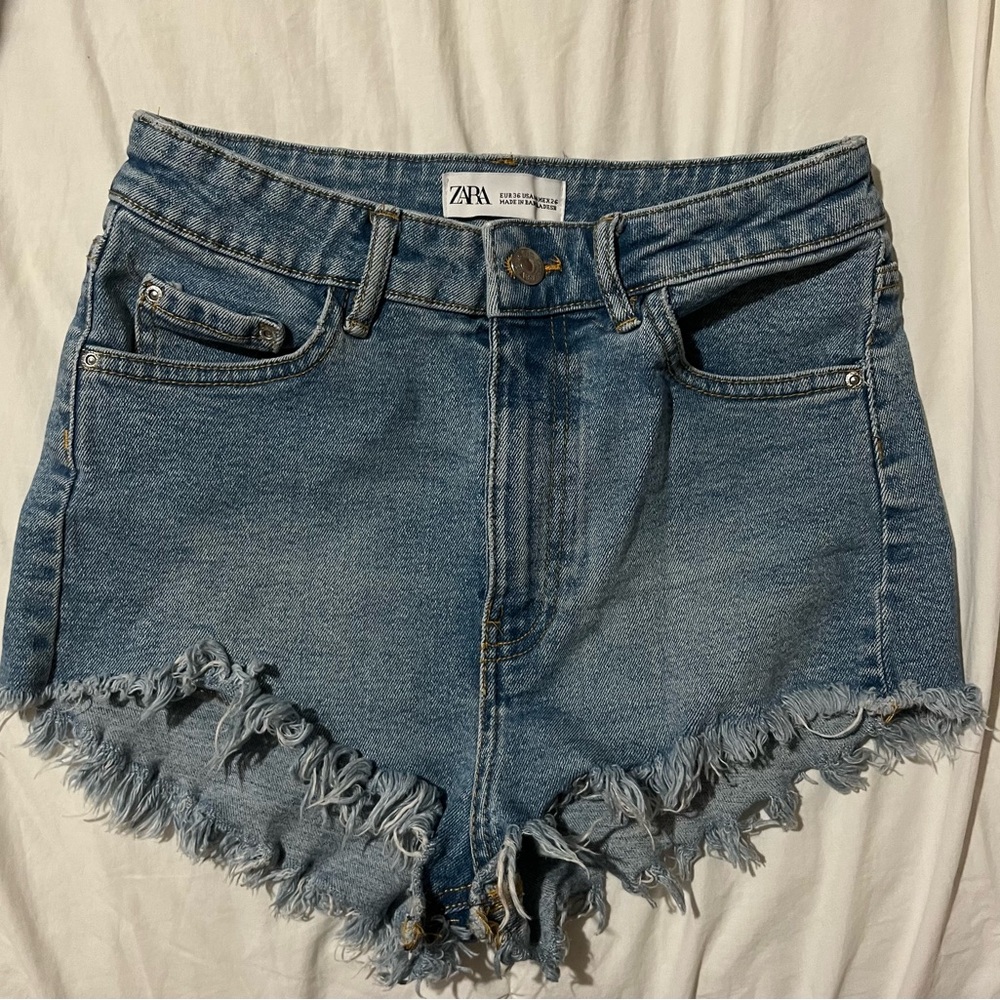 Zara Blue Jean Shorts Distressed High-Waisted